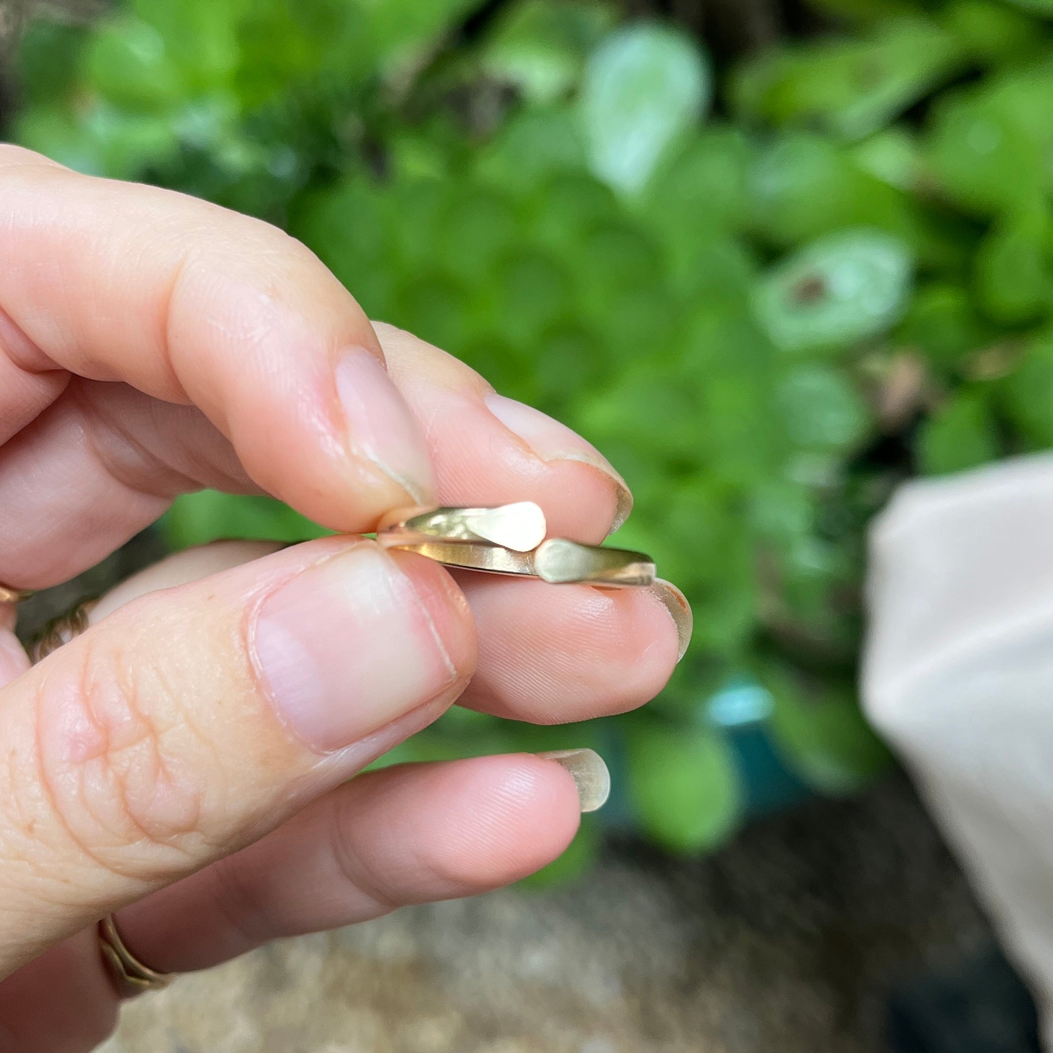 Hand holding a gold ring with a green plant background
